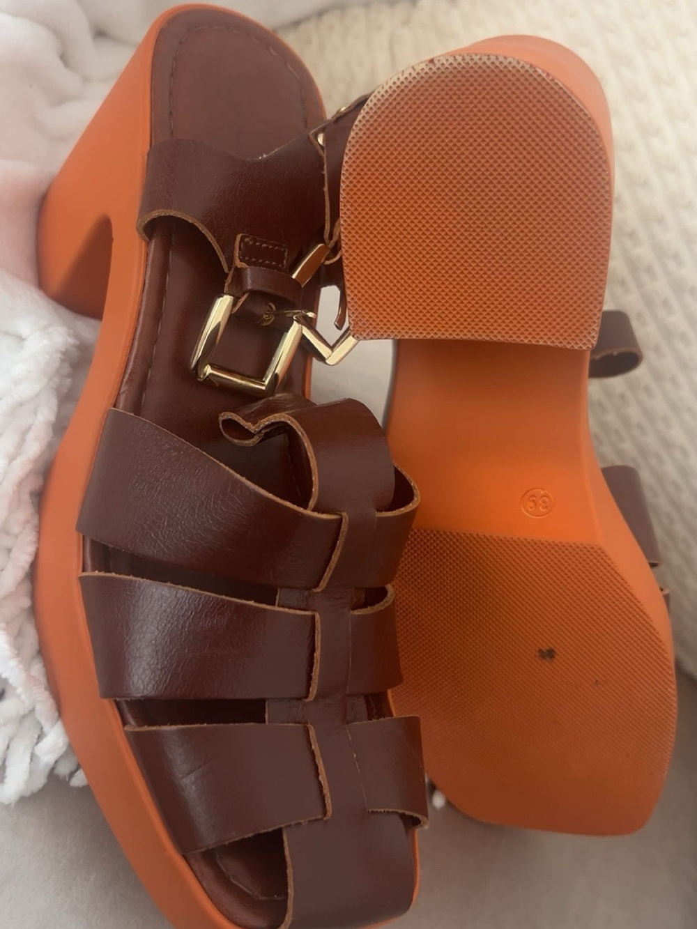 Free People Brown Leather Strappy Platform Sandals with Orange Sole